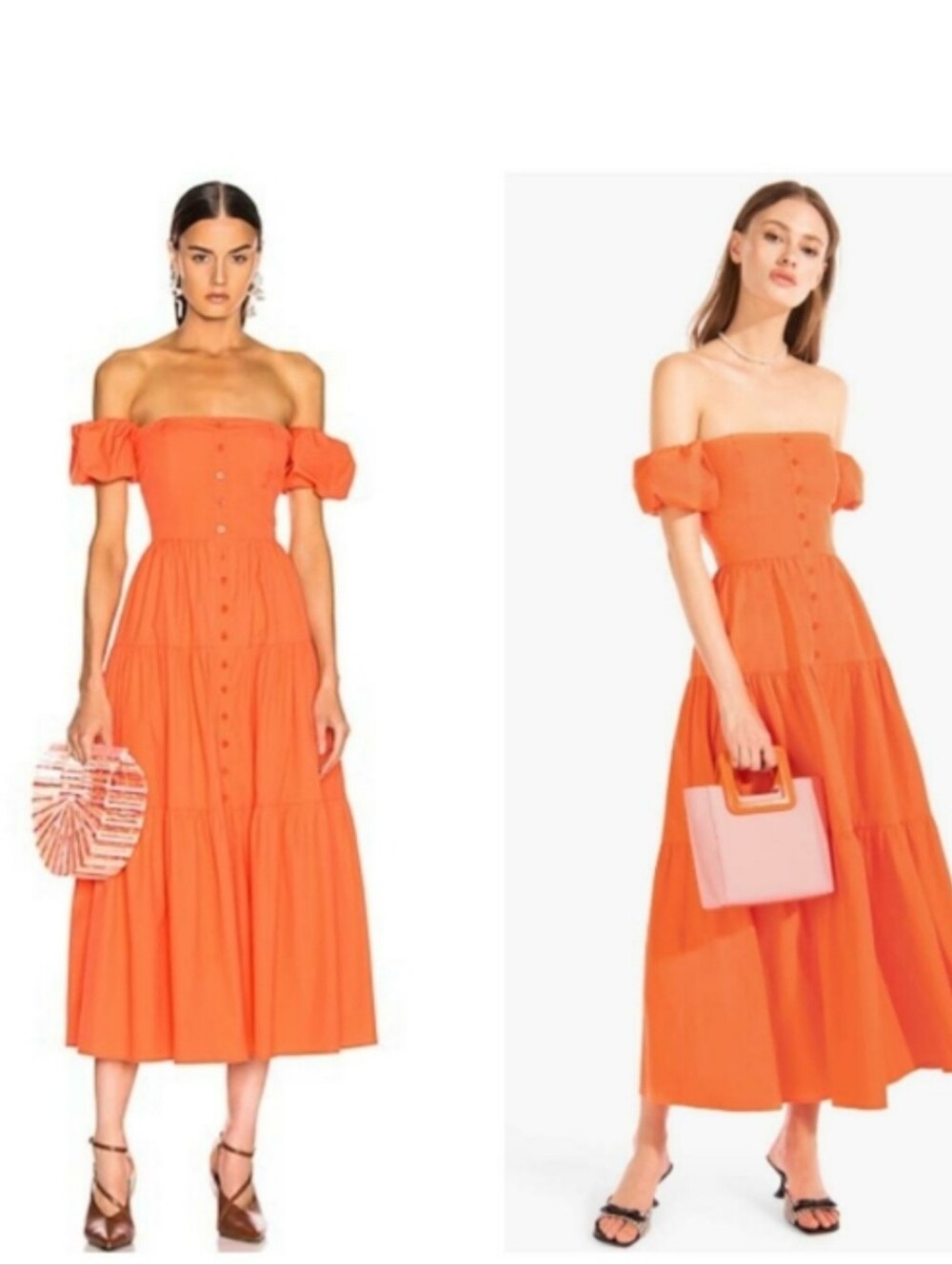 STAUD Women Elio  Off-The-Shoulder  Orange Midi Dress Size 6